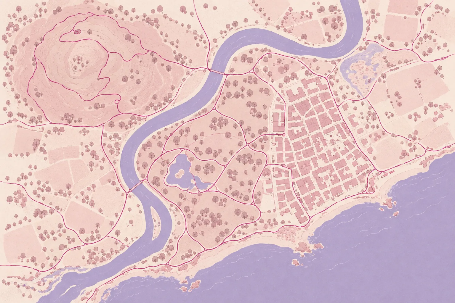 An illustrated map of a town, its river, its coast and the trails around it, with the places this couple train and the memories they earned there pinned on it.